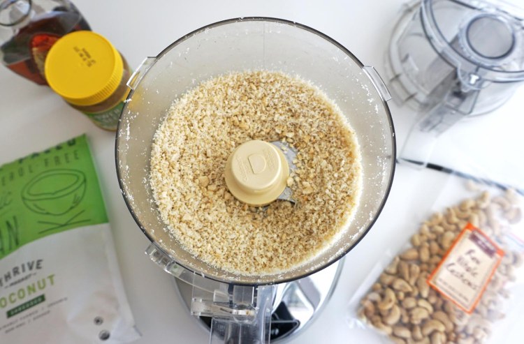 ginger turmeric bone broth protein bites being made in food processor